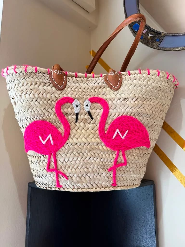 Panier en paille brodé Flamants roses