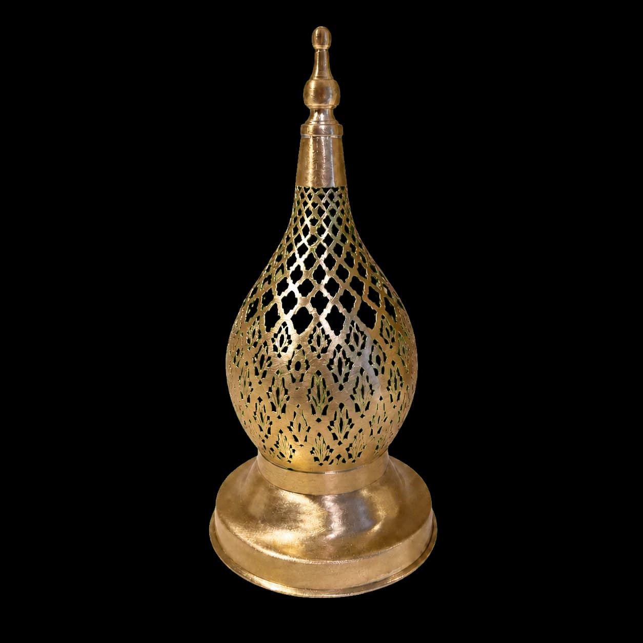 Lampe de table en cuivre ajouré — goutte à double fleuron. (20/11 cm)