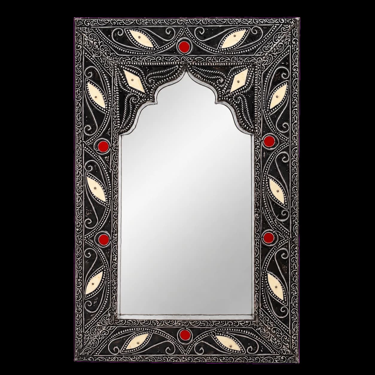 Miroir marocain arcade — métal ciselé, cabochons ivoire