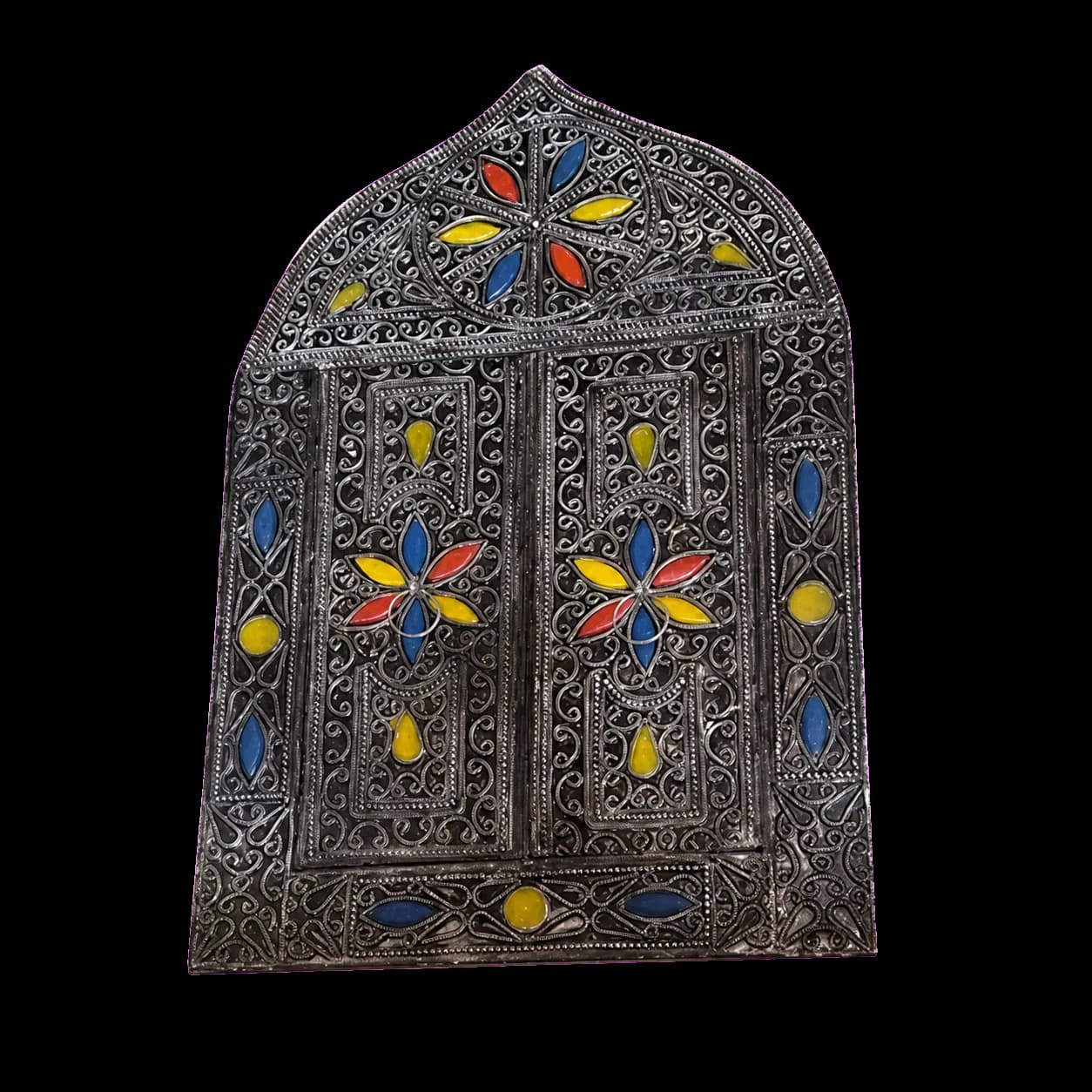 Miroir marocain en métal ciselé et verre coloré