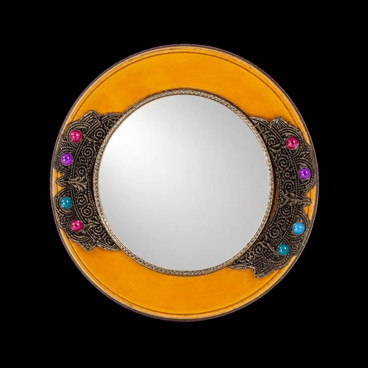 Miroir rond en métal ciselé serti de pierres petite taille