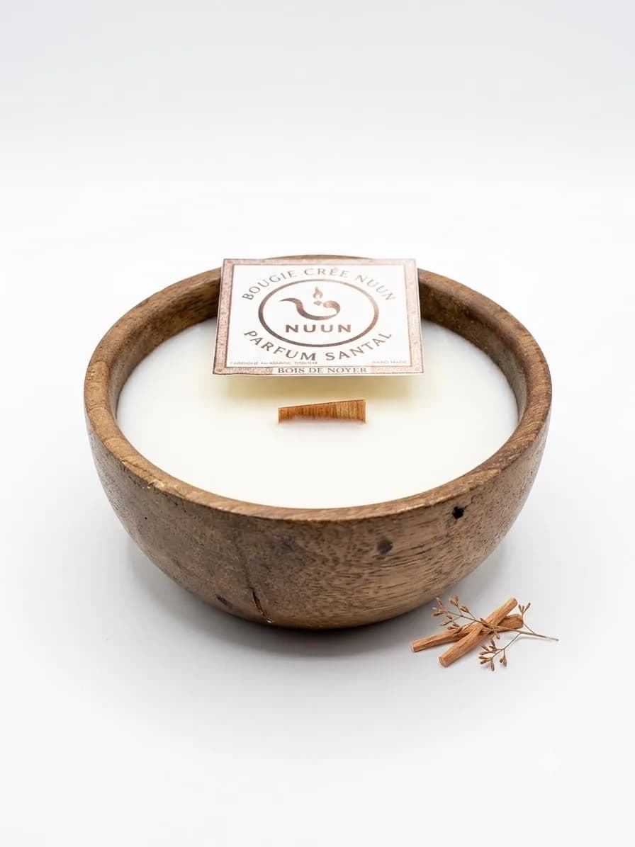 Bougie parfumée Santal NUUN — coupe en bois de noyer