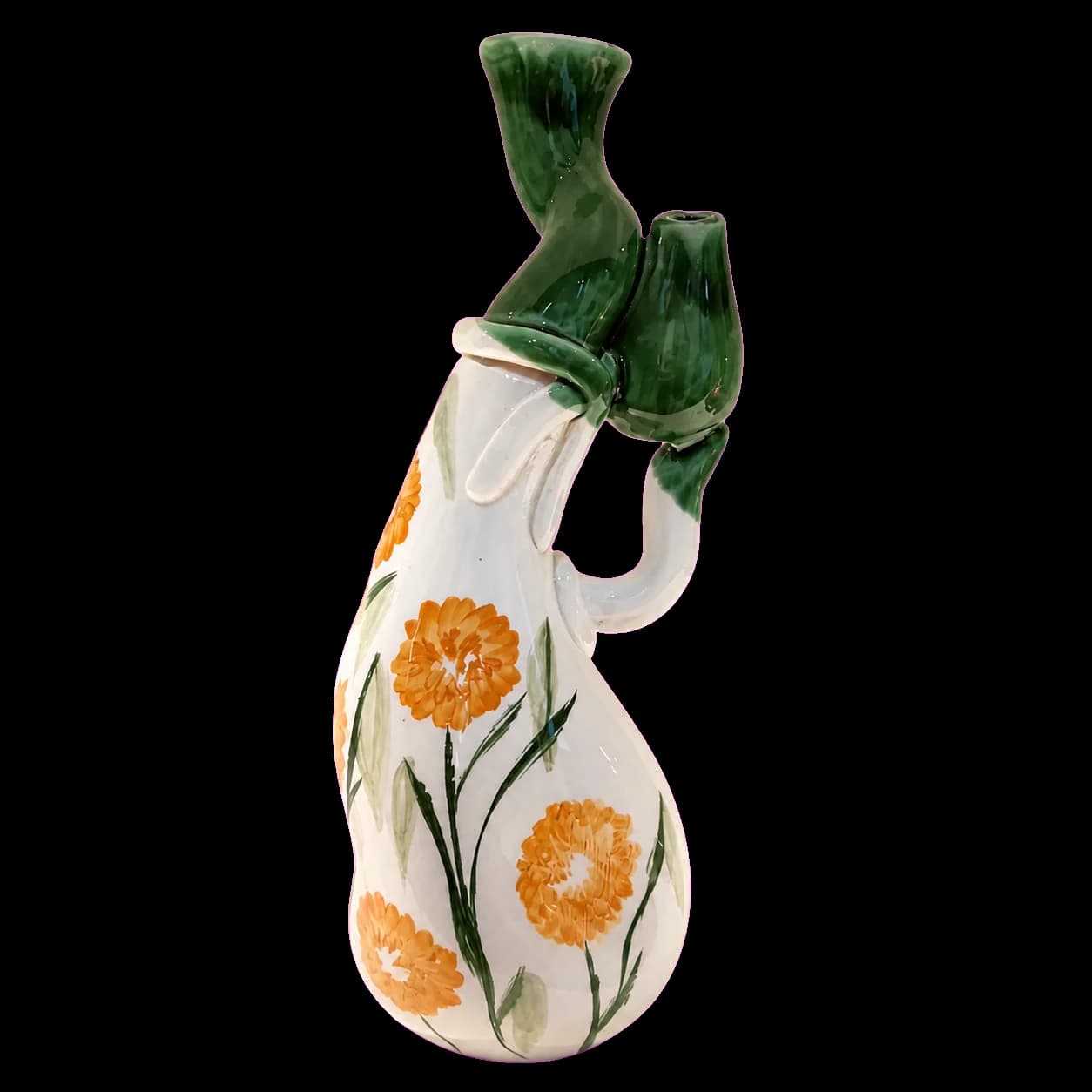 Cruche à fleurs oranges — double bec vert