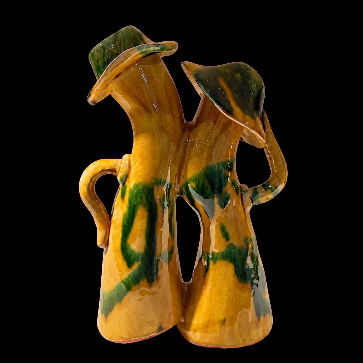 Double cruche « couple au chapeau » jaune & vert