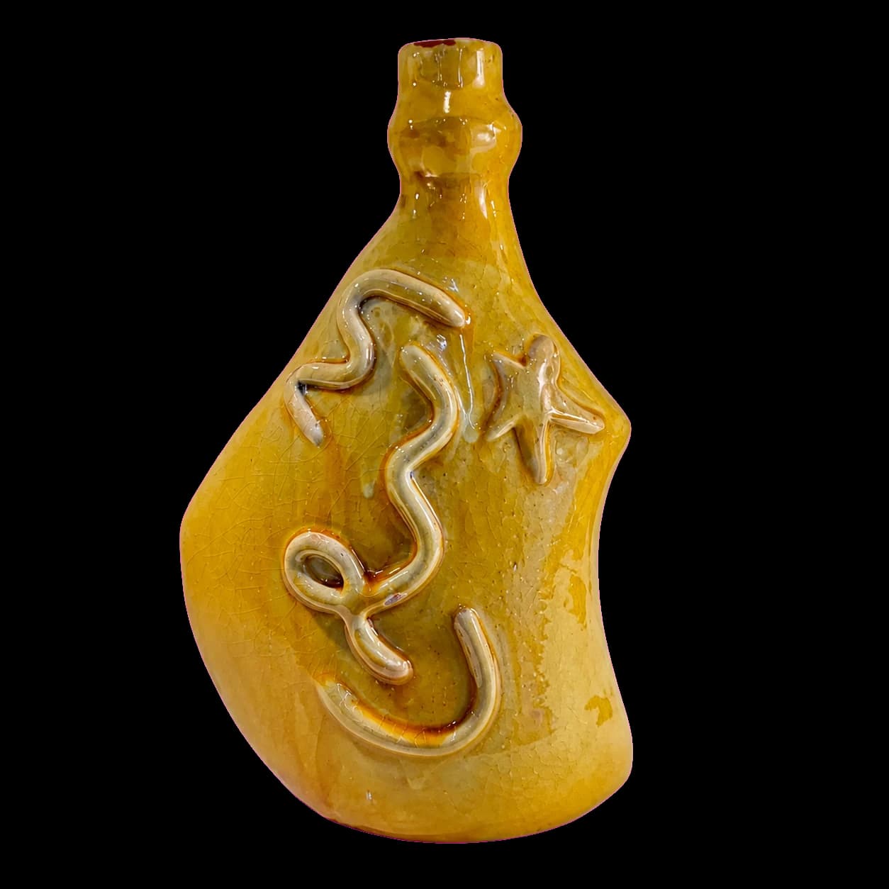 Vase-bouteille jaune moutarde — serpent & étoile