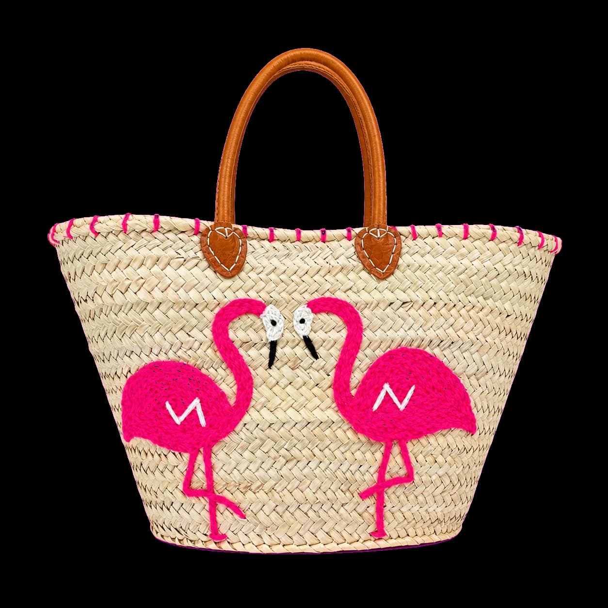Panier en paille brodé Flamants roses