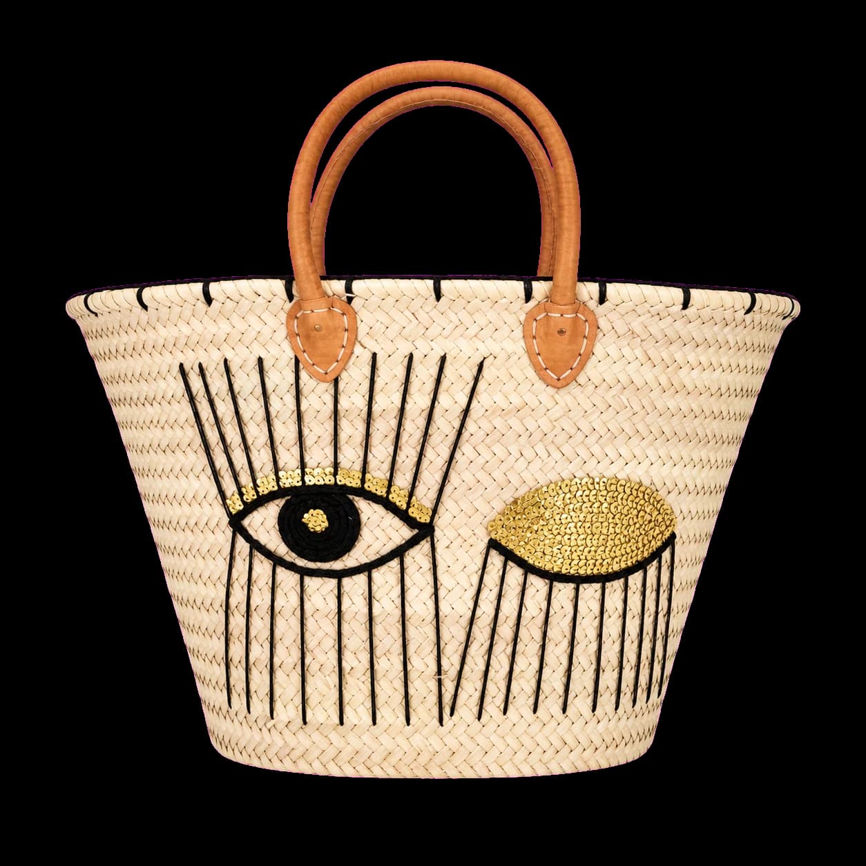 Panier en paille brodé Œil à sequins dorés