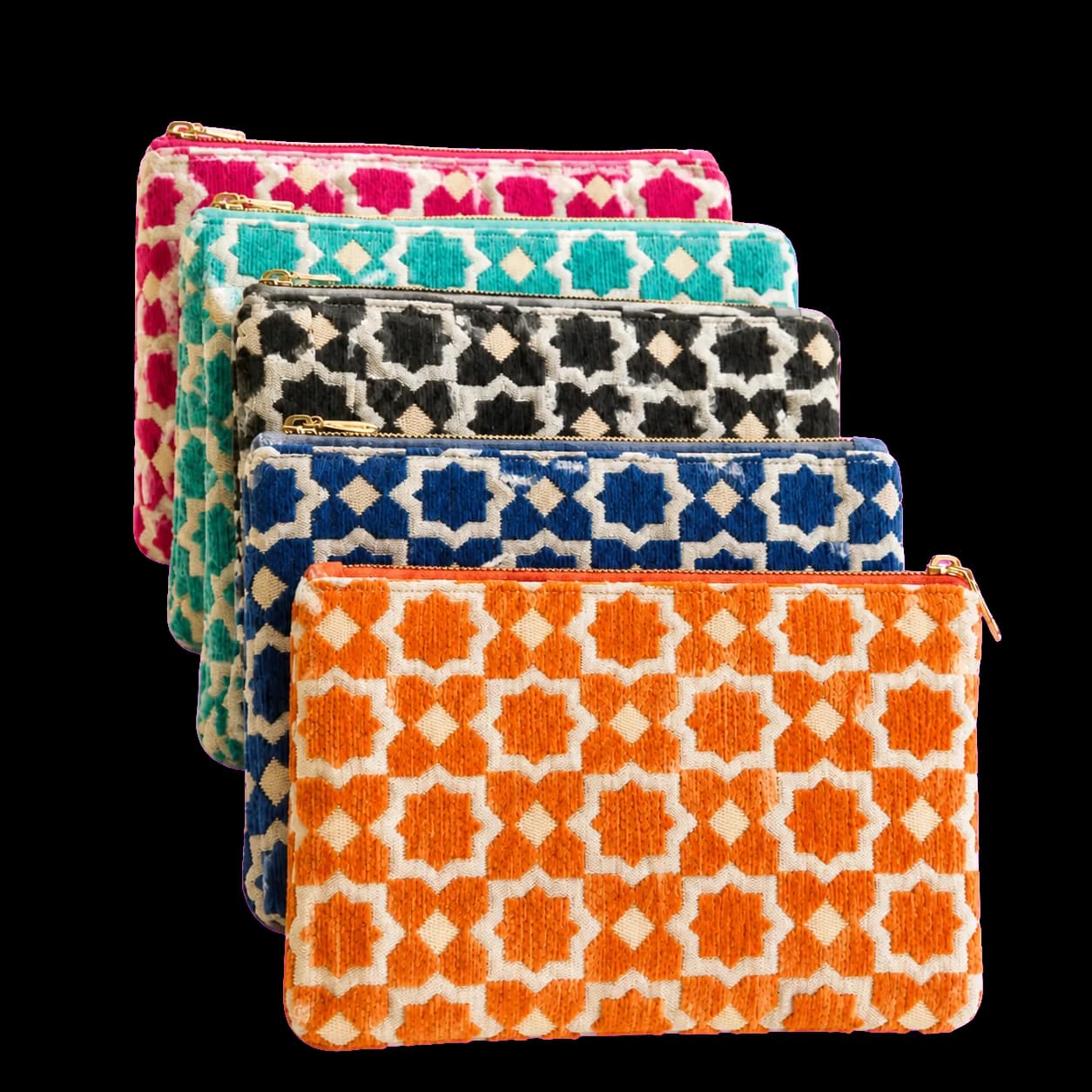 Pochette zippée en velours — motif zellige