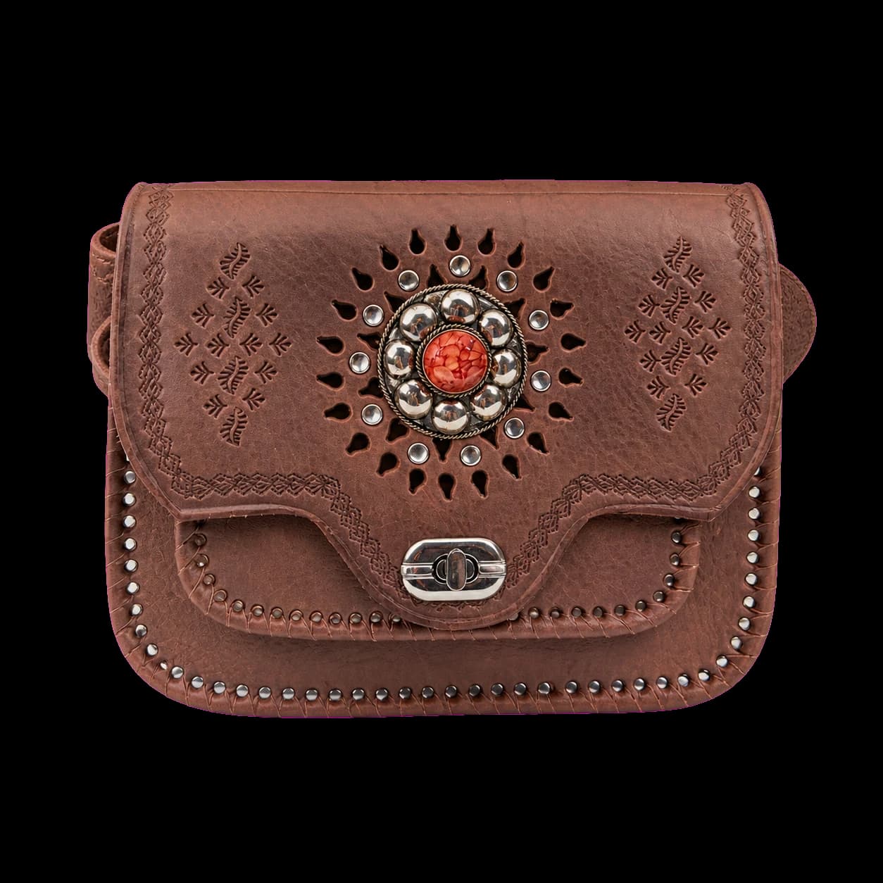 Sac berbère en cuir à cabochon taupe 