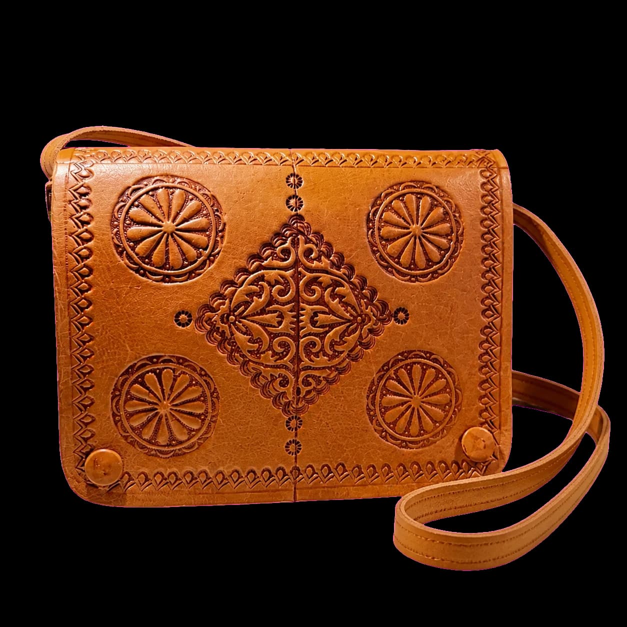 Sac bandoulière en cuir gravé motifs rosaces