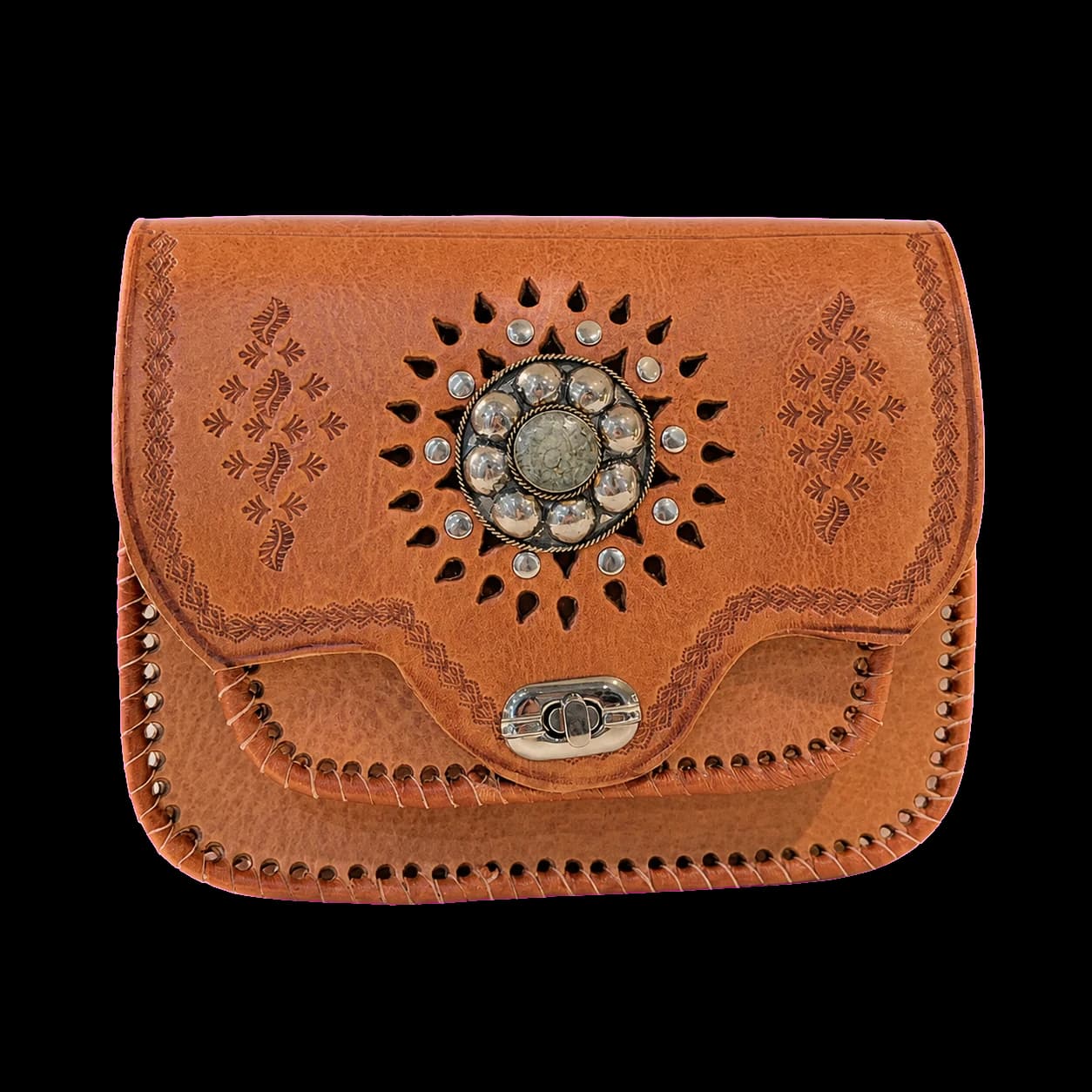 Sac berbère en cuir à cabochon beige 