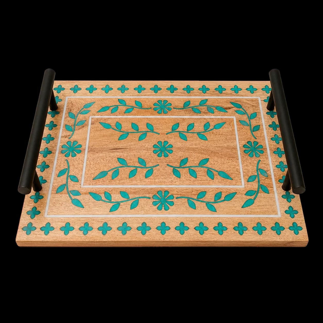 Plateau en bois incrusté de motifs floraux turquoise