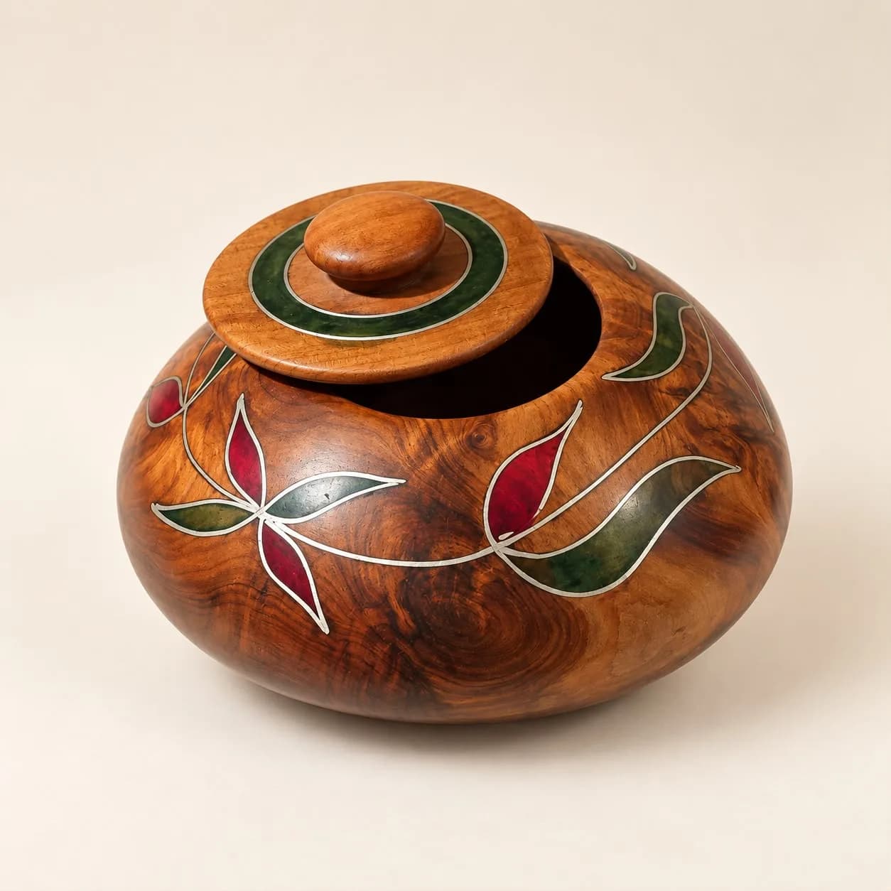 Thuya Burl Pebble Box with Floral Marquetry