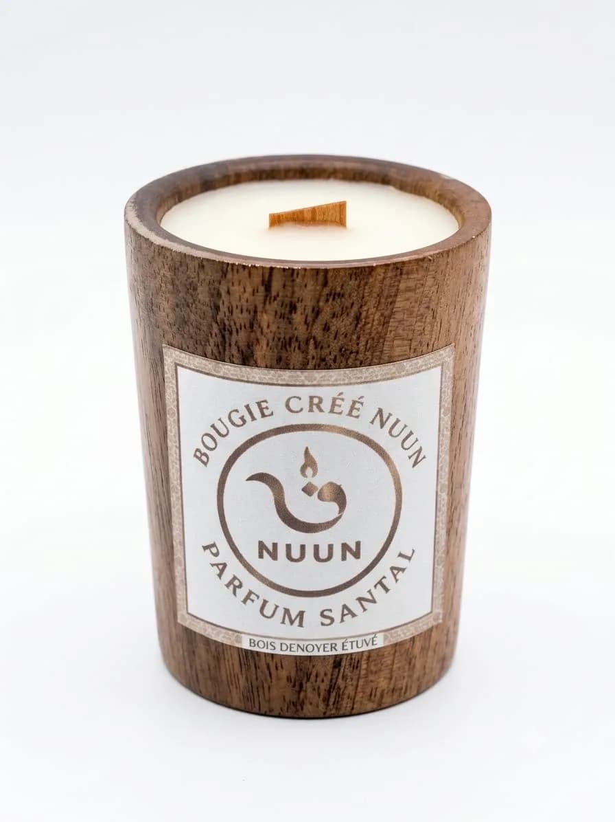 Bougie parfumée Santal NUUN — pot en bois de noyer étuvé